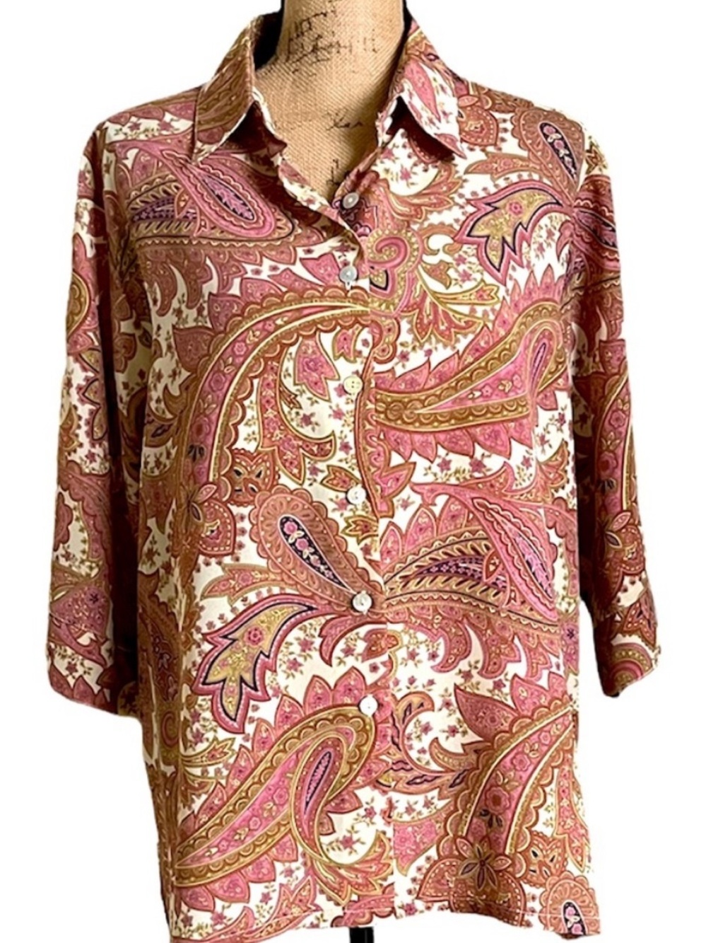 BonWorth Paisley Blouse Button‑Front 3/4 Sleeves Pink & Cream XL - Picture 2 of 16